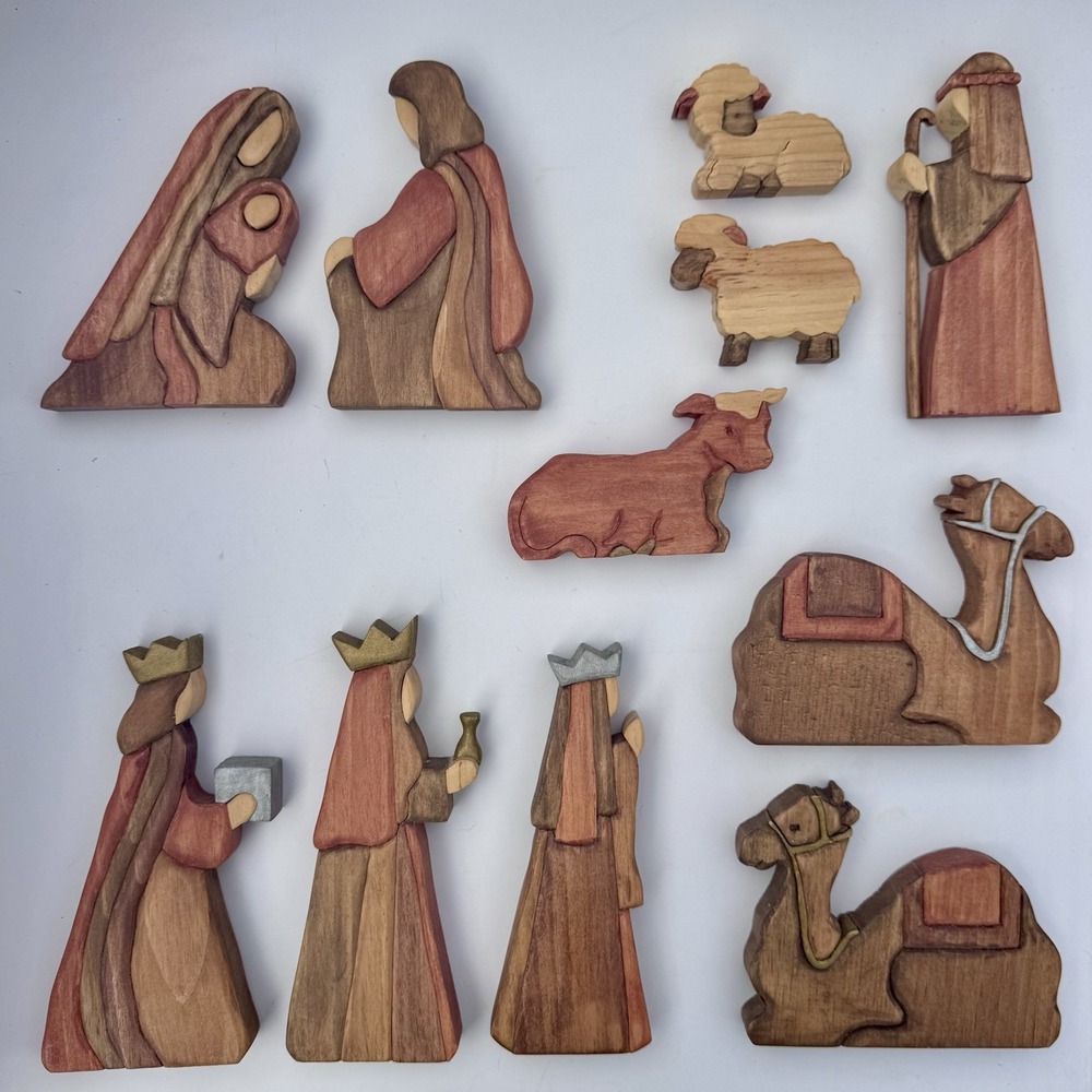 Handmade Nativity Set Wood 11 Pieces Cut Colored Layers Christmas Baby Jesus